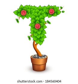 Isolated tree with flowers in clay pot. In the form of letter T