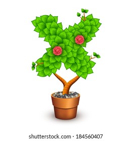 Isolated tree with flowers in clay pot. In the form of letter X