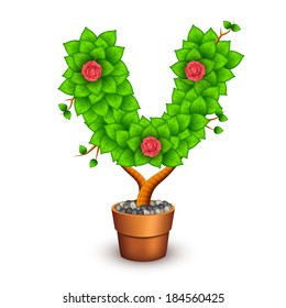 Isolated tree with flowers in clay pot. In the form of letter V