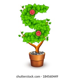 Isolated tree with flowers in clay pot. In the form of letter S