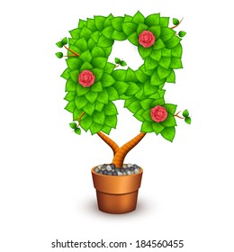 Isolated tree with flowers in clay pot. In the form of letter R