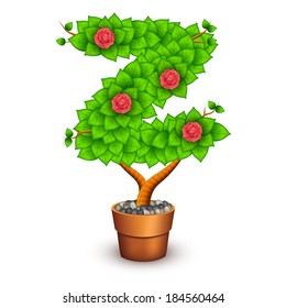Isolated tree with flowers in clay pot. In the form of letter Z