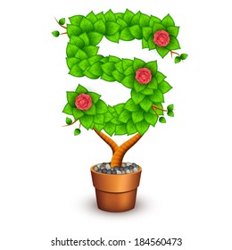 Isolated tree with flowers in clay pot. In the form of number 5