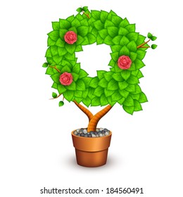 Isolated tree with flowers in clay pot. In the form of letter Q
