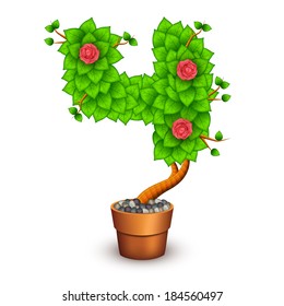Isolated tree with flowers in clay pot. In the form of number 4