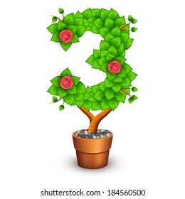 Isolated tree with flowers in clay pot. In the form of number 3