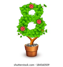 Isolated tree with flowers in clay pot. In the form of number 8