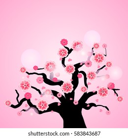 Isolated tree with flowers of sakura. Cartoon pink and white blossoms of Japanese cherry tree. Vector background  illustration.