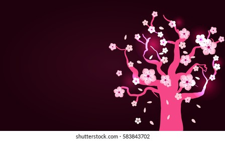 Isolated tree with flowers of sakura. Cartoon pink and white blossoms of Japanese cherry tree. Vector background  illustration.