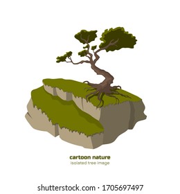 Árbol aislado en la montaña. Paisaje natural con roble en roca. Escena al aire libre con dibujos animados de fondo blanco. Planta forestal. Ilustración del vector