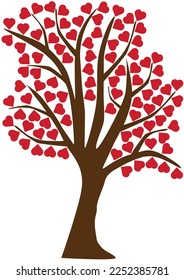 Isolated tree on white background with lots of red hearts shapes hanging on branches like blooming flowers, simplicity valentines day card inspiration