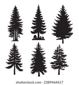 Isolated tree on the white background. Tree silhouettes. set of tree pine silhouette collections. Set for the design of various works, brochures, posters. 