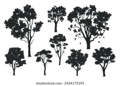 Isolated tree silhouettes. Black drawing of forest plants. Park scene elements. Graphic arts for natural landscape background. Garden design elements. Vector illustration