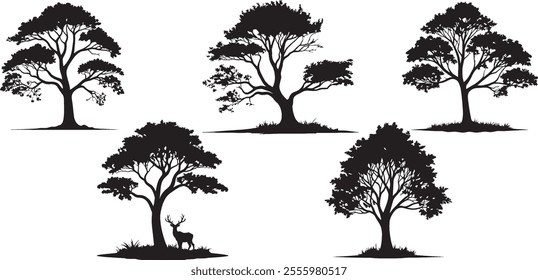 Isolated tree silhouettes. Black drawing of forest