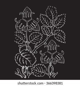 Isolated tree strawberry decoration print berry natural coloring floral white flower seasonal leaf vector botanical crayon summer graphic blossom bloom drawing black revival contour strokes bush