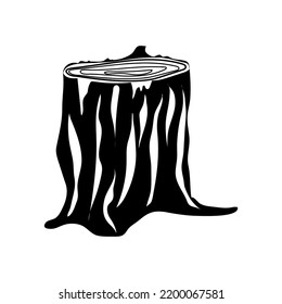 Isolated Tree stump dark engraved silhouettes. Hand drawn vector illustration