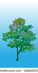 Isolated tree in watercolour style on the blue background