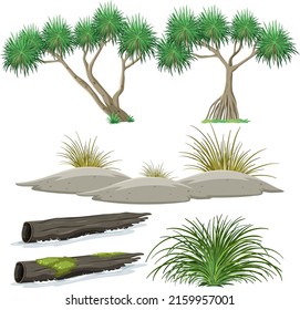 Árboles aislados y objetos naturales ilustran