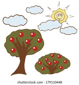 isolated trees, sun and clouds