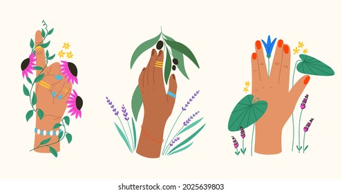 Isolated trendy illustration with fingers, wrists, palms, gestures. Colourful illustration with hands of different colours holding flowers and leaves, berries. Racial diversity and equality concept.