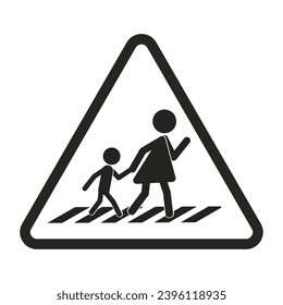 Isolated triangle sign of mother and children walking on walk lane, for cross walk of pedestrian walkway line