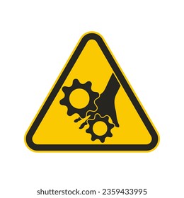 Isolated triangle warning label of black pictogram injury risk finger finger crush  moving part with picture of hand, gear for safety sign, warning danger information label