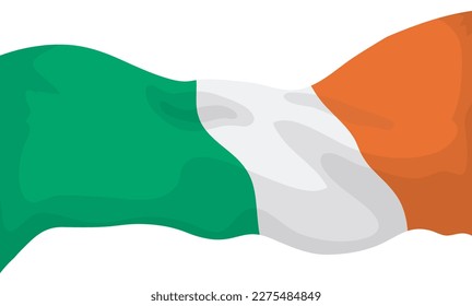 Isolated tricolour flag of Ireland fluttering in the wind . Design in cartoon style over white background.