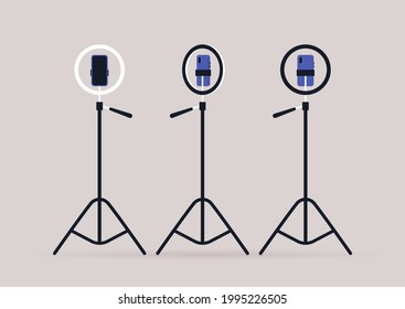 An isolated tripod with a ring light and a smartphone installed inside it, three points of view, side, back, and front