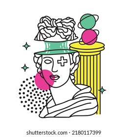 Isolated Trippy psychedelic greek sculpture with trippy metaphor. Collage with greek statue vector creative poster. y2k vector illustration.