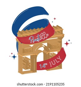 Isolated triumphal arch building landmark with a ribbon Bastille day Vector