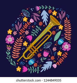 Isolated trombone and Bright leaves and flowers on blue background. Hand drawing folk flat doodles vector illustration