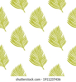 Einziger tropischer Blattnahtloser Muster mit grünem, einfachem Farnblattverzierung. Weißer Hintergrund. Grafisches Design für die Verpackung von Papier und Texturen aus Stoff. Vektorgrafik.