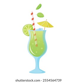 Isolated tropical green cocktail with lime and peppermint. Vector illustration