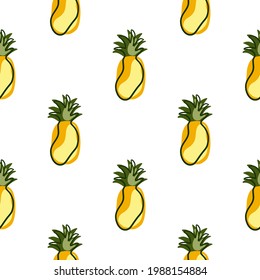 Isolated tropical yellow pineapples seamless pattern in sketch style. White background. Food ornament. Decorative backdrop for fabric design, textile print, wrapping, cover. Vector illustration.