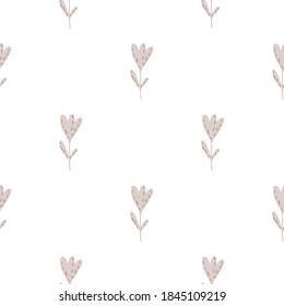 Isolated tulip flower silhouettes seamless pattern. Light purple colored floral buds on white background. Vector illustration for seasonal textile prints, fabric, banners, backdrops and wallpapers.