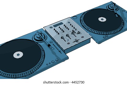 isolated turntables with audio mixing console (vector eps format)