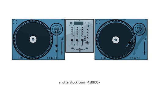 isolated turntables with audio mixing console (vector eps format)
