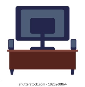 Isolated tv stand with small columns. Screen of television or computer. Back view of tv at wooden stand. Modern technology, device for watching films, listening music. Cartoon vector illustration