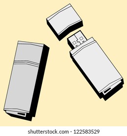 Isolated two 3D pendrive: one - opened, other is closed
