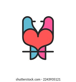 Isolated two doves with love symbol logo on white background. Pigeon, bird, romance, peace, company brand identity