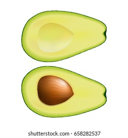 Isolated two halves of green color avocado on white background. Realistic colored slice with pit.