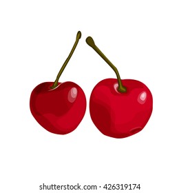 Isolated two red cherries on a white background. Cartoon style. Vector illustration.