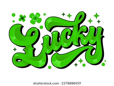 Einzige Typografie-Illustration, Lucky. Trendy 70er Jahre robustes Schriftdesign mit Funkeln und Klee, in grünen Farben. Realistische Hochglanzworte in moderner Schriftzeichen. zu irgendeinem Zweck