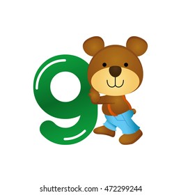 Isolated typography of a number with a teddy bear for kids, Vector illustration