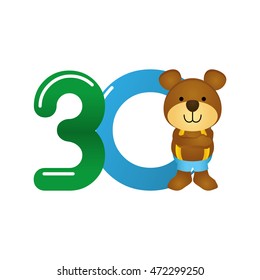 Isolated typography of a number with a teddy bear for kids, Vector illustration