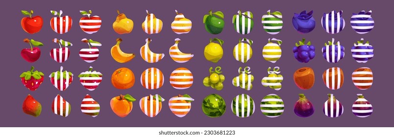 Frutos de juego móviles ui aislados con ilustración de rayas blancas para máquina tragaperras. Juego de rompecabezas de rompecabezas naranja, manzana, sandía y uva con colección de interfaz de aplicación png de rayas verticales y horizontales