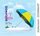 Isolated umbrella with podium for product placement with monsoon background