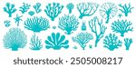 Isolated underwater sea coral reef and seaweeds algae, vector cartoon icons. Undersea and ocean underwater fauna and marine plants, abstract corals or actinia and tropical aquatic flowers