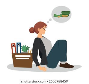 concepto de desempleo aislado. Triste mujer desempleada con una caja. Crisis global, empleado despedido piensa en el dinero. Ilustración vectorial.