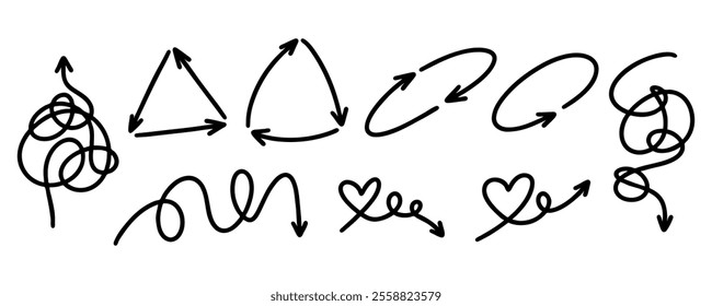 Isolated unraveling lines. Tangled arrows, simple triangular oval and heart arrow. Untangling lines with arrow - continuous flowing thread that twists and turns. Tangled disorder turns into order line